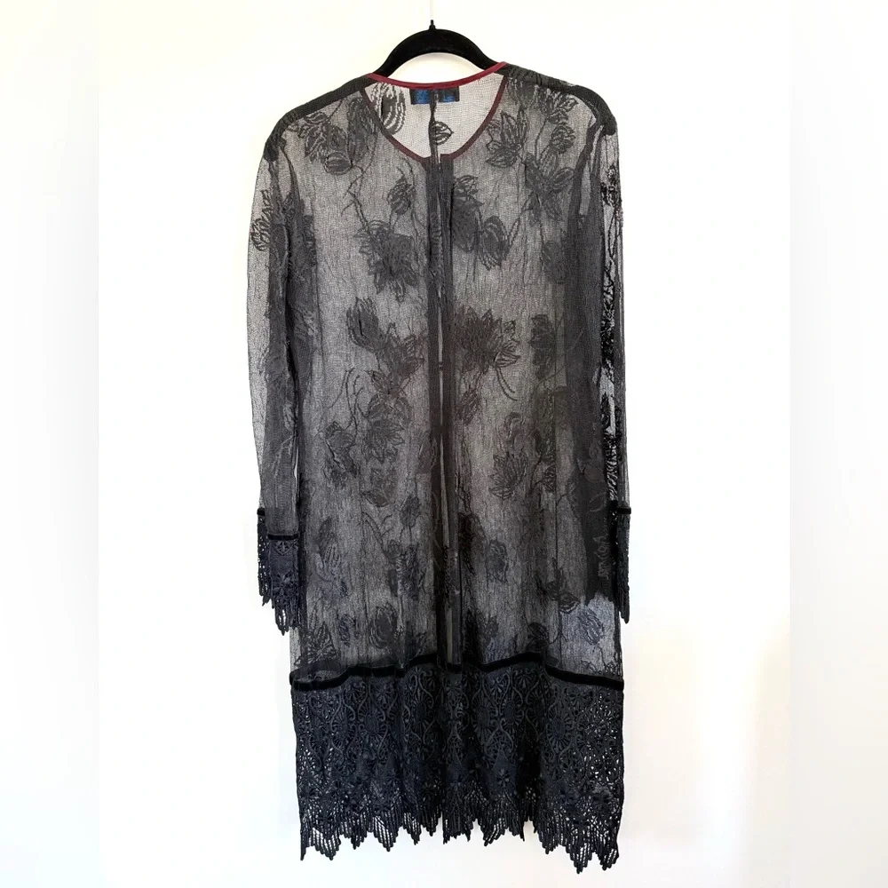 Sue Wong Nocturne Vintage 90s Black Lace Cardigan Jacket Coat Velvet Trim Sz M - Picture 8 of 13